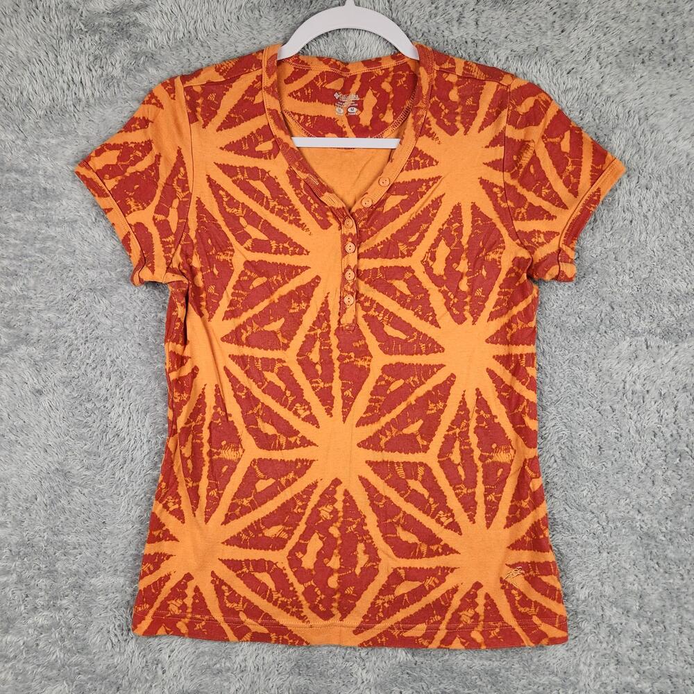 Columbia Shirt Womens Medium Orange Geometric Henley Top All Over Print Summer